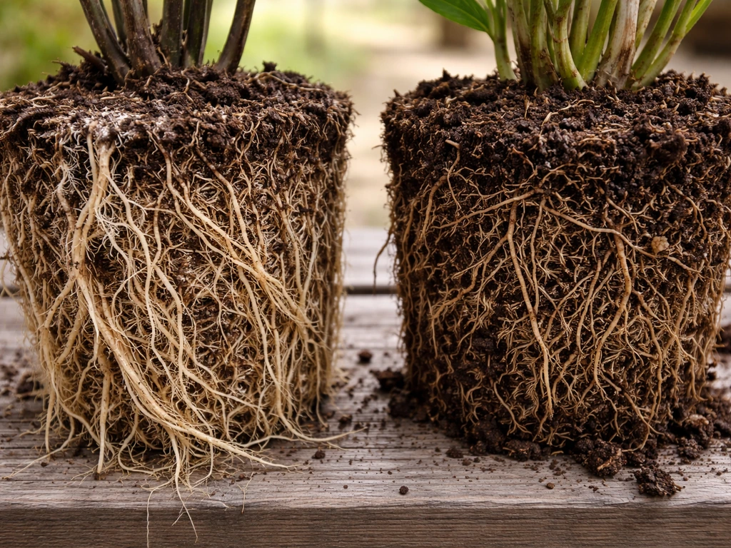 Close-up comparison of two root balls showing healthier fine roots and mycorrhizal-like colonization.