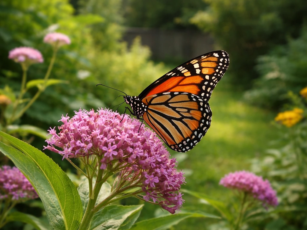 Monarch butterfly feeding on a milkweed flower in a quiet garden with soft green foliage.