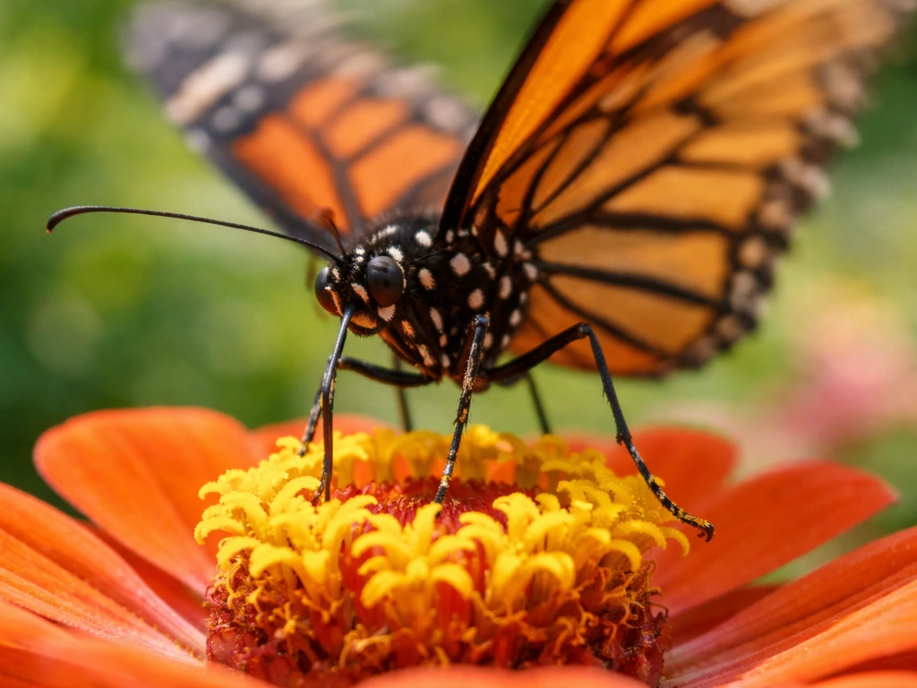 Butterfly feeding on a nectar flower, pollen visible on its legs near the bloom.