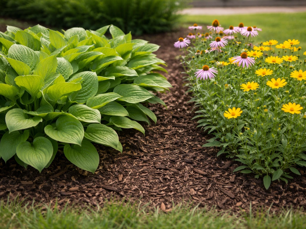 Garden bed split into host-plant foliage and nectar flowers, showing a two-part butterfly habitat layout.