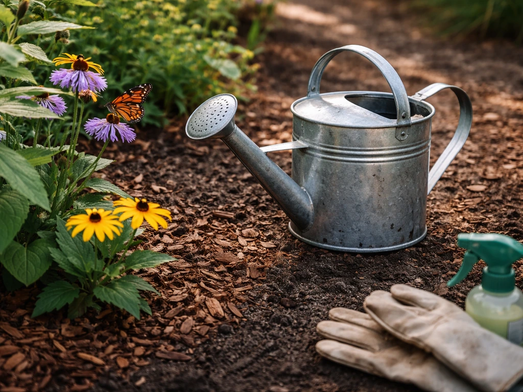 Butterfly-friendly garden corner with watering can and fresh mulch beside blooming plants, no pesticides visible