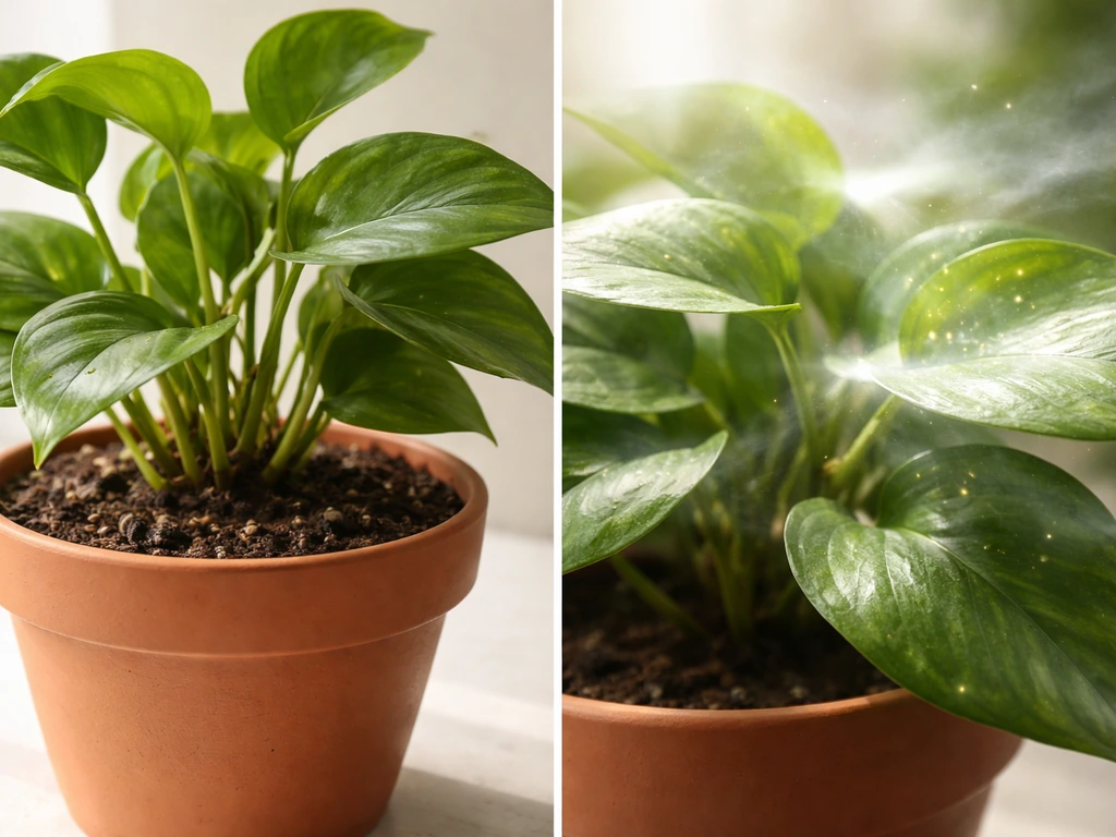 Split-scene close-up of a potted plant showing moist air space in soil and airflow across leaf surfaces.