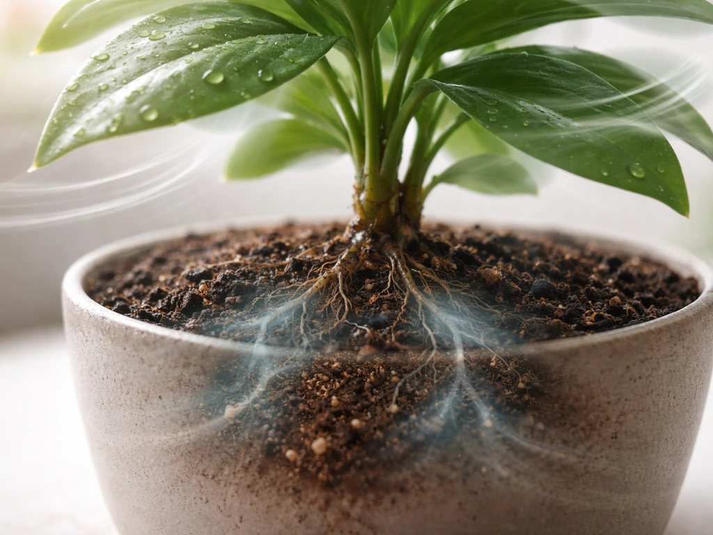 A potted plant with subtle visual cues showing oxygen in soil, CO2 at leaf openings, and airflow near leaves.