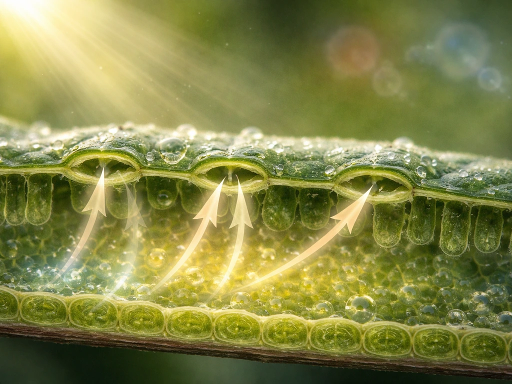 Close-up leaf cross-section showing stomata openings and CO2 moving inward with light rays.