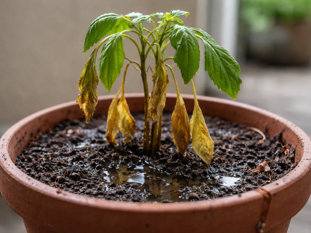 Wilted potted plant with yellowing lower leaves in waterlogged, wet soil