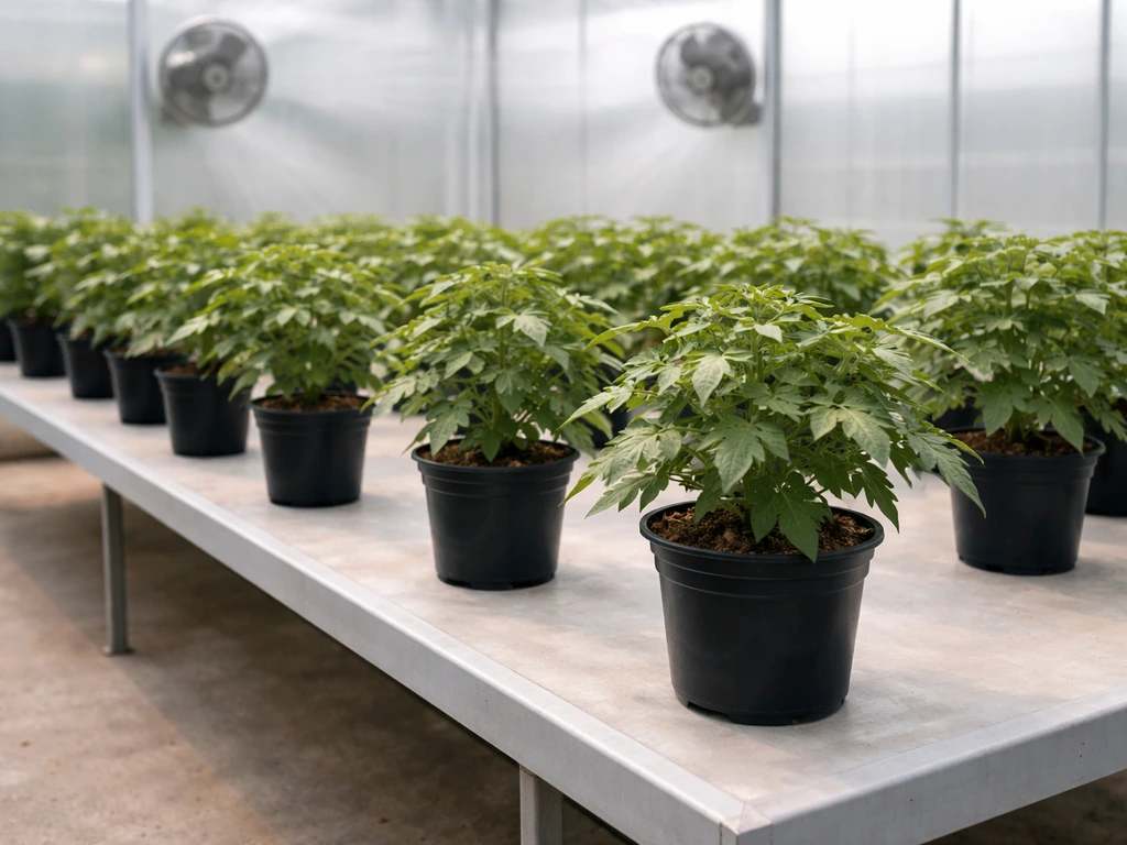 Spaced potted plants in a greenhouse with visible fans and healthy leaves indicating improved airflow.