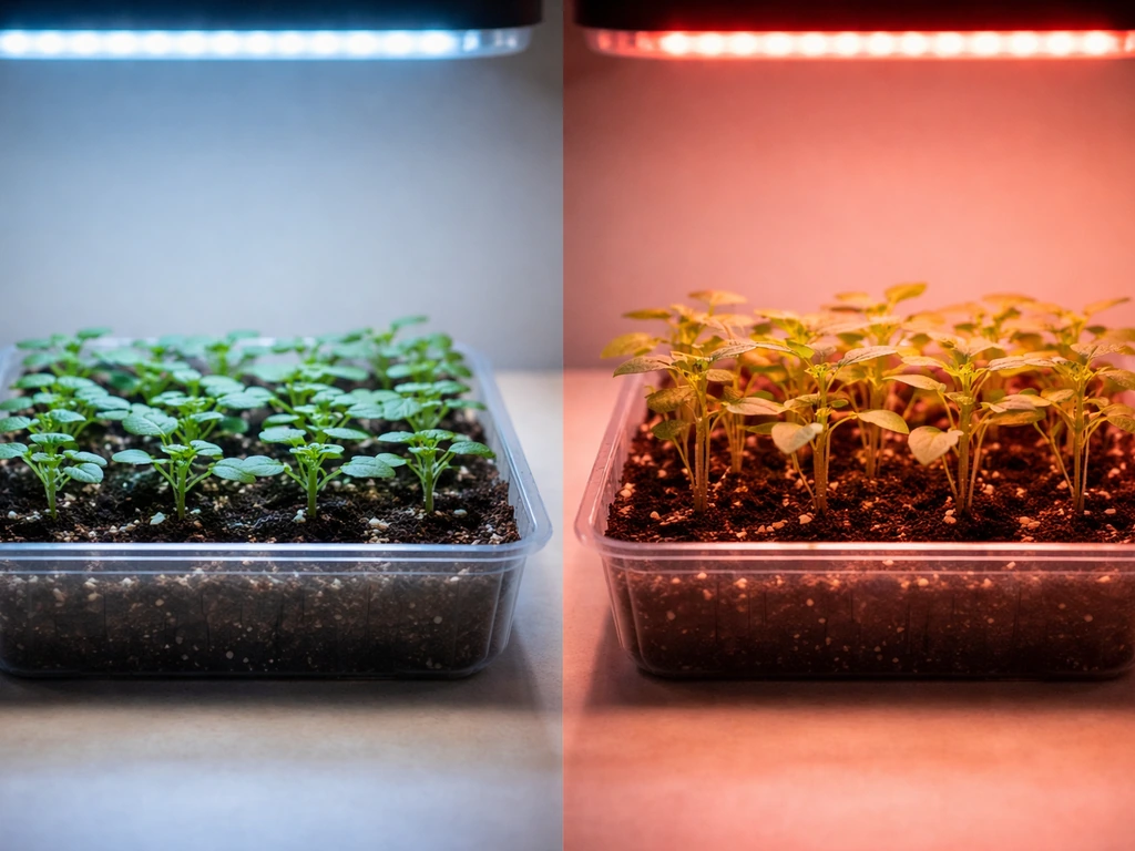 Seedlings under blue-only and red-only LED panels in simple, separate trays with distinct leaf posture.