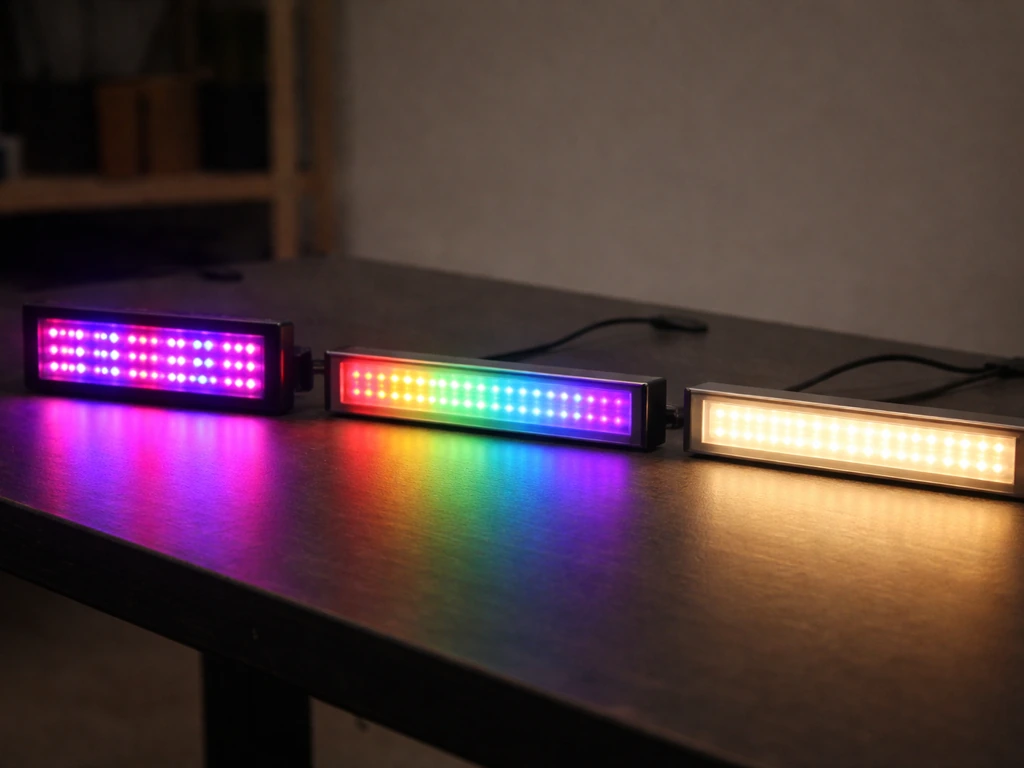 Three LED light bars on a workbench showing distinct red-blue, full-spectrum, and warm tones.