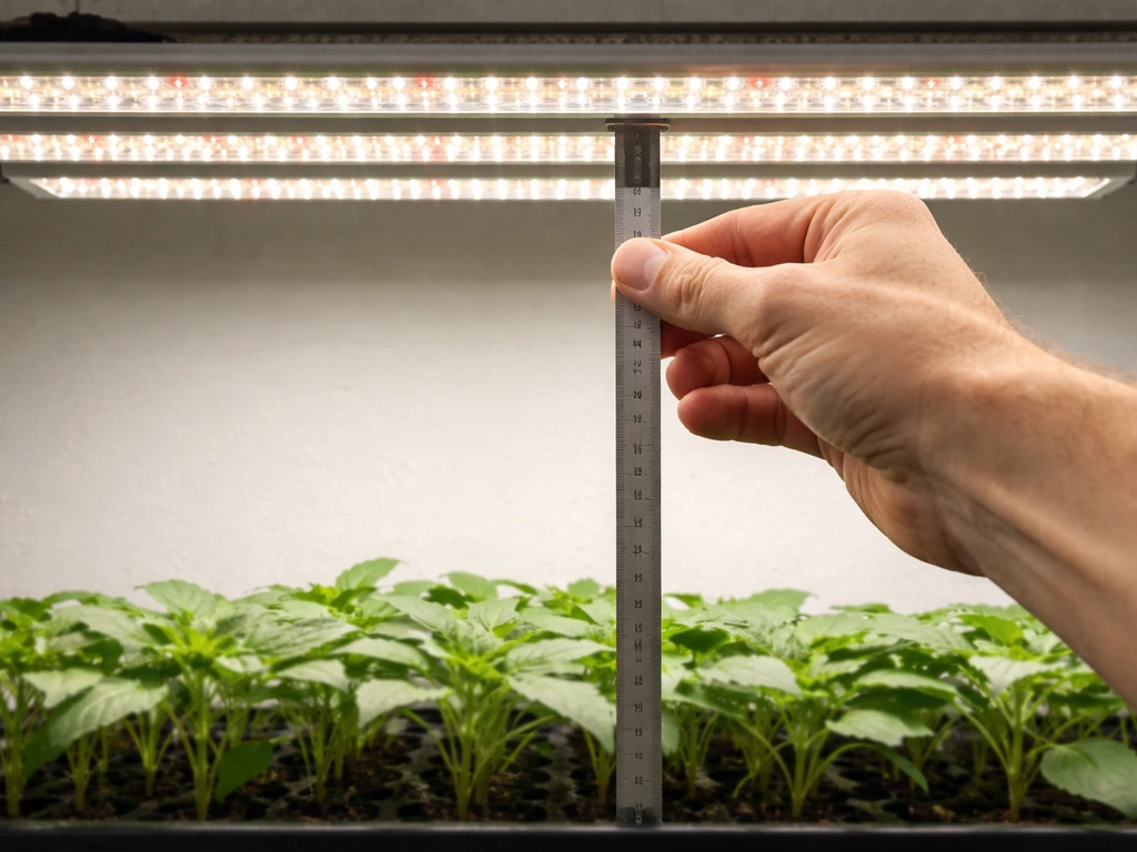 Hand measuring the vertical distance between an overhead LED grow light and seedling canopy with a ruler.