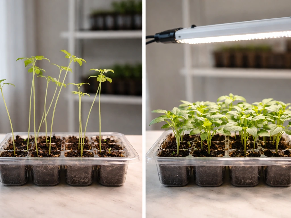 Side-by-side trays of leggy seedlings on one side and compact seedlings under proper light on the other.
