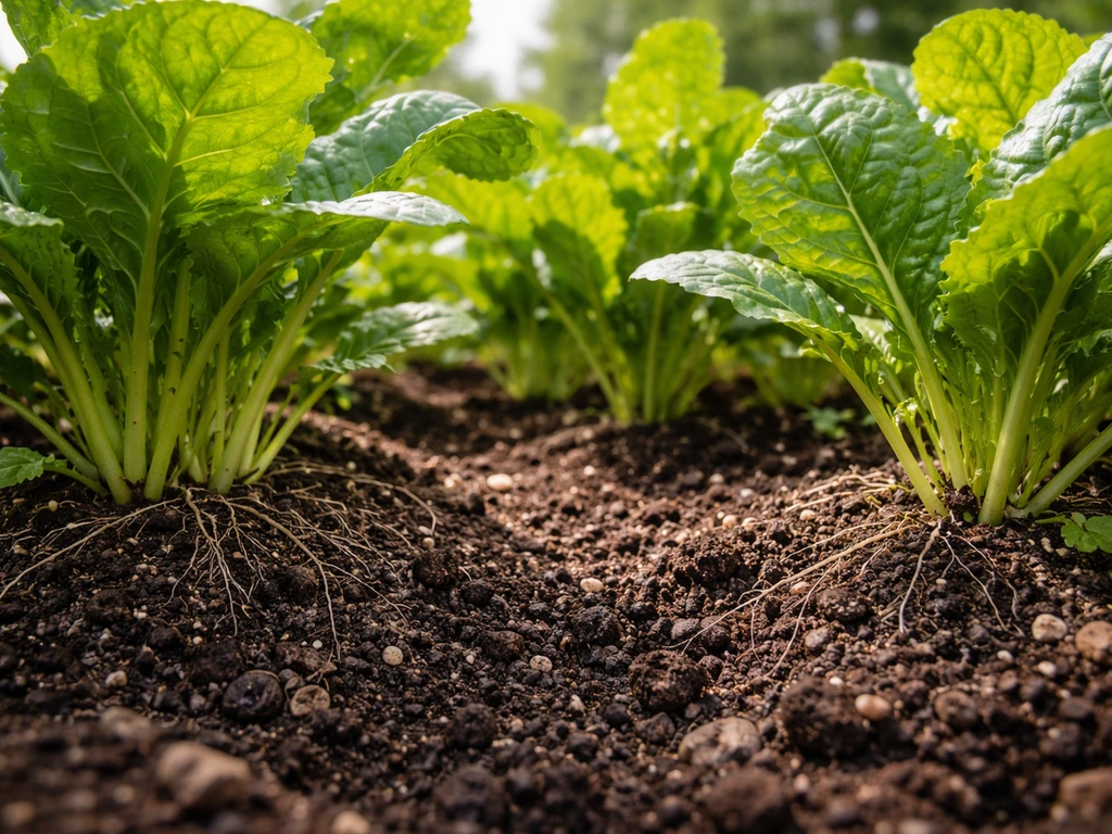 Close-up of lush green plants with visible roots in dark healthy soil, suggesting nitrogen-driven growth.