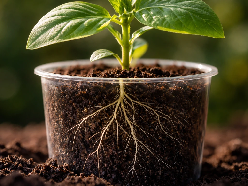 Close-up of healthy leafy plant with visible roots suggesting soil nitrogen feeding protein synthesis