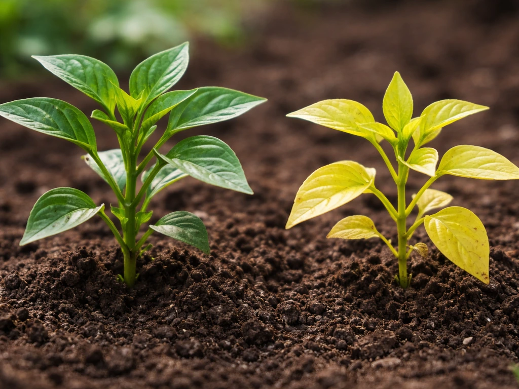 Two nearby plants showing nitrogen-rich green growth versus nitrogen-starved yellow leaves with smaller new tissue.