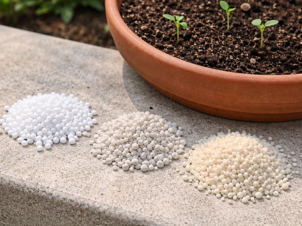 Granular fast-acting fertilizer piles beside a small garden pot with dark soil and sprouts.