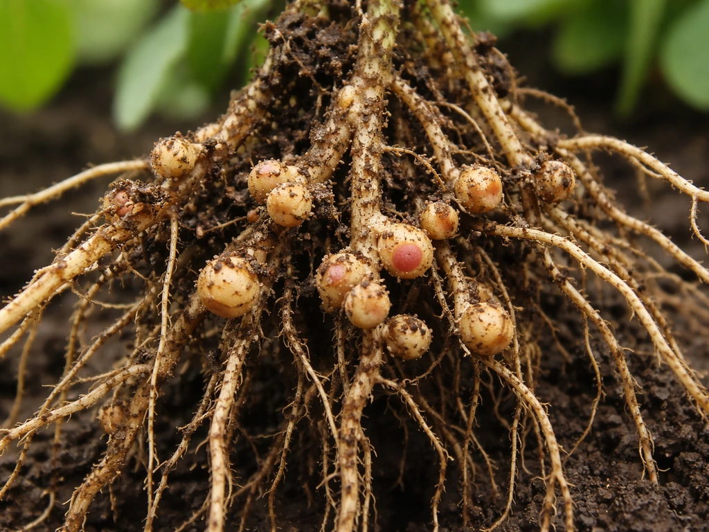 Close-up of legume root nodules on a washed root system with surrounding soil, with plant canopy above.