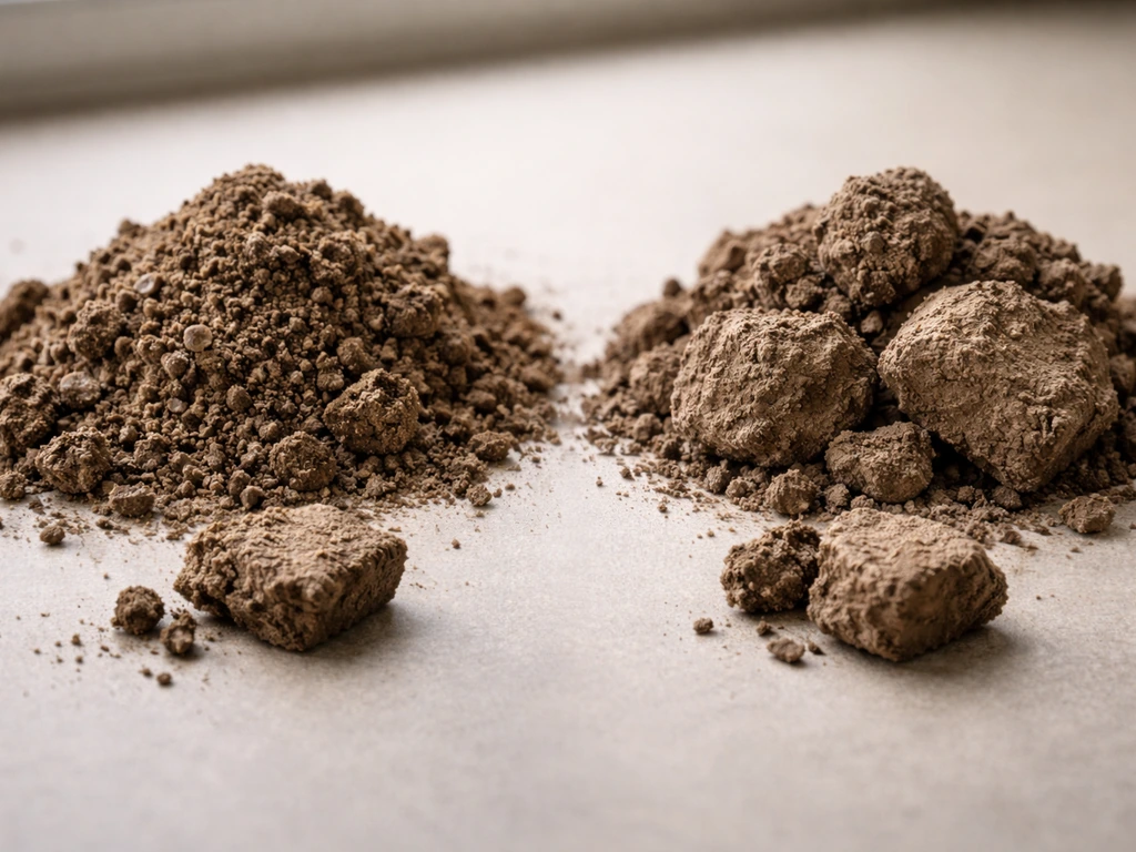 Close-up of crumbly loam aggregates versus dense clay clumps on a simple tabletop.