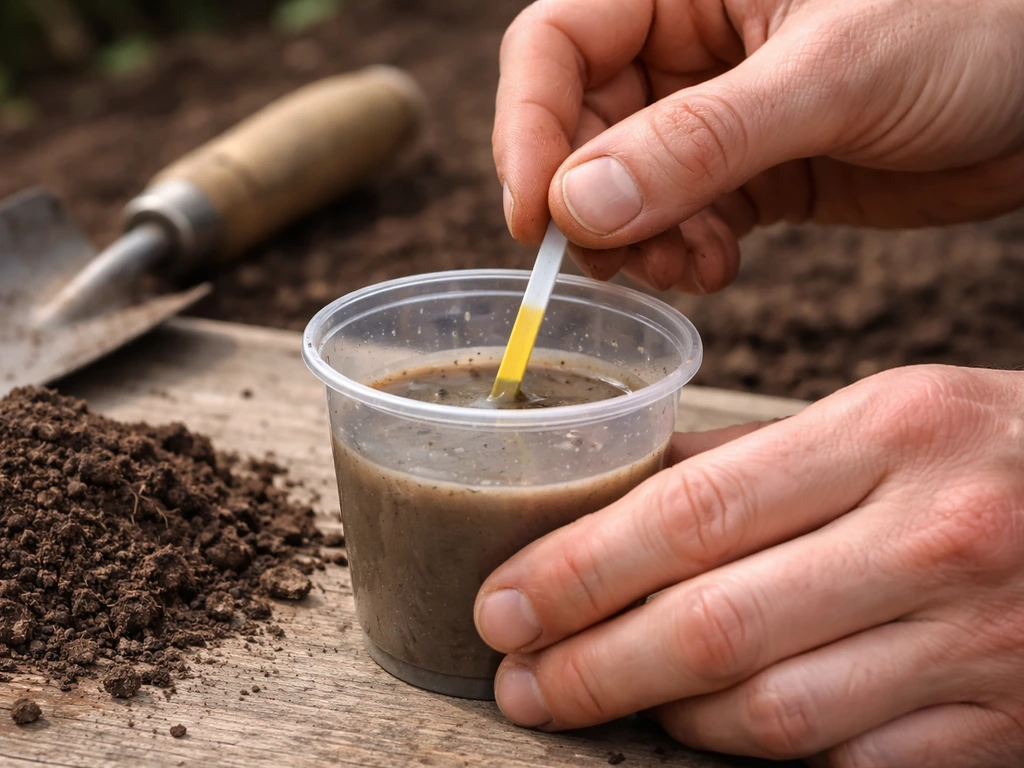 Anonymous gardener testing soil pH with a strip in a cup of soil slurry outdoors.