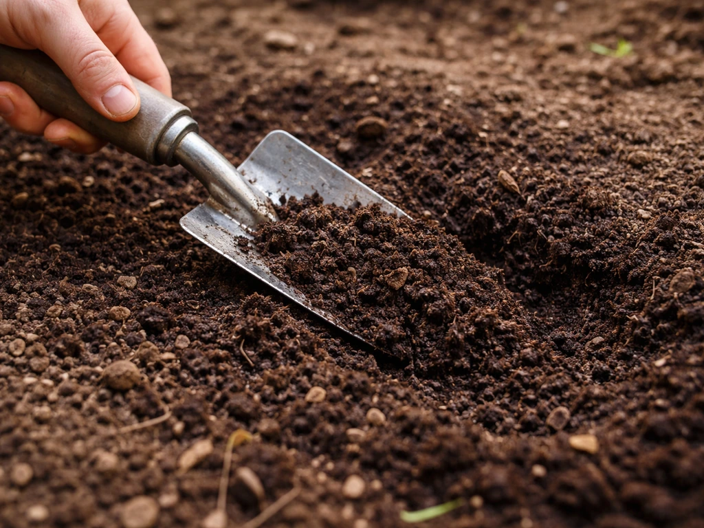 Gardener hand troweling compost into garden bed soil, top layer being gently incorporated