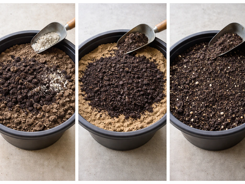Three simple soil amendment scenes: heavy clay with compost and gypsum, sandy soil with compost mulch, and a mixed bed.
