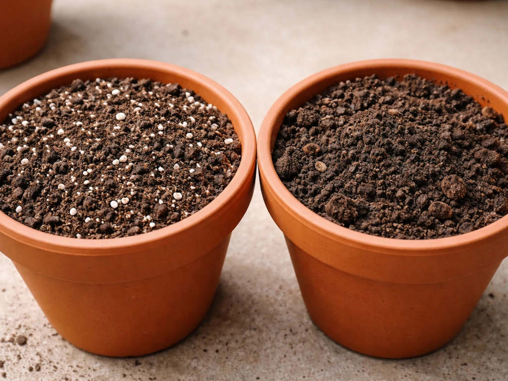 Two potted plants showing commercial potting mix with perlite beside garden soil in a separate pot.