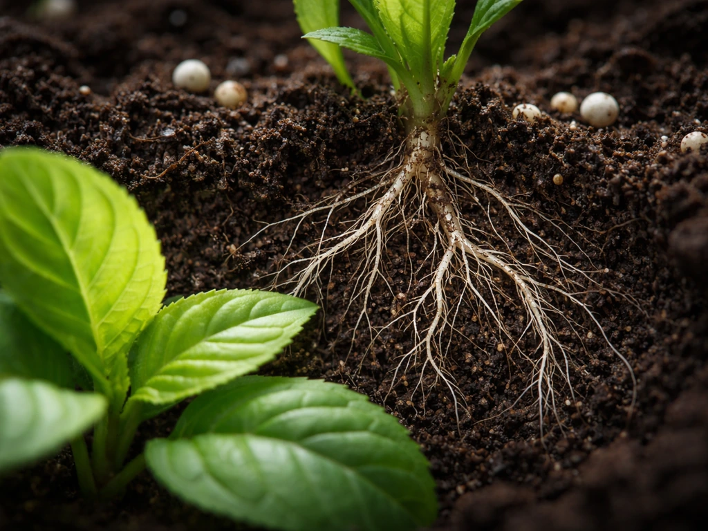 Fresh green leaves in front with blurred roots and fertilizer granules in moist soil behind them.