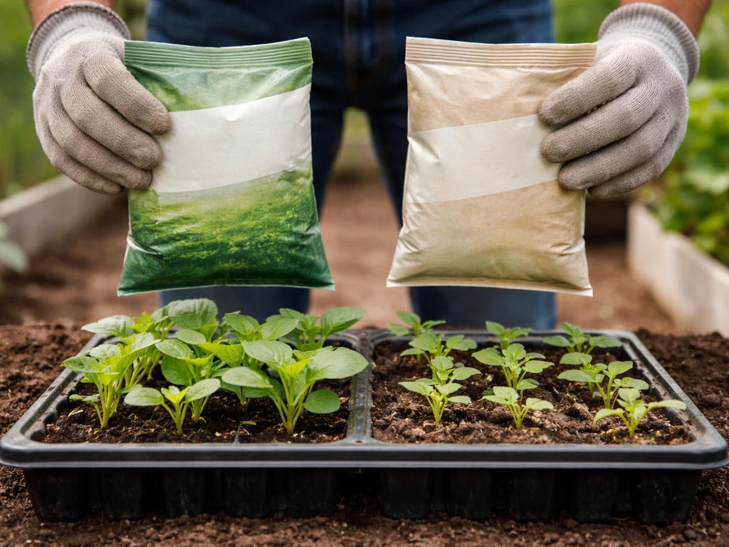 Gloved hands holding two fertilizer bags above a tray of seedlings with varied vigor.