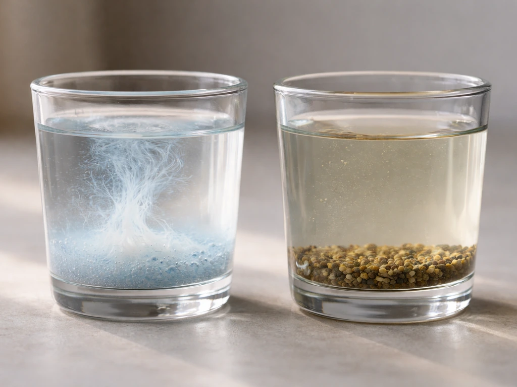 Two clear containers of fertilizer in water: synthetic clouding quickly, organic dissolving more slowly.