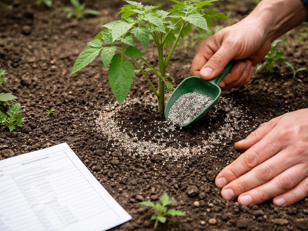 Gardener applying measured fertilizer granules around a plant base, with soil test paper beside them.
