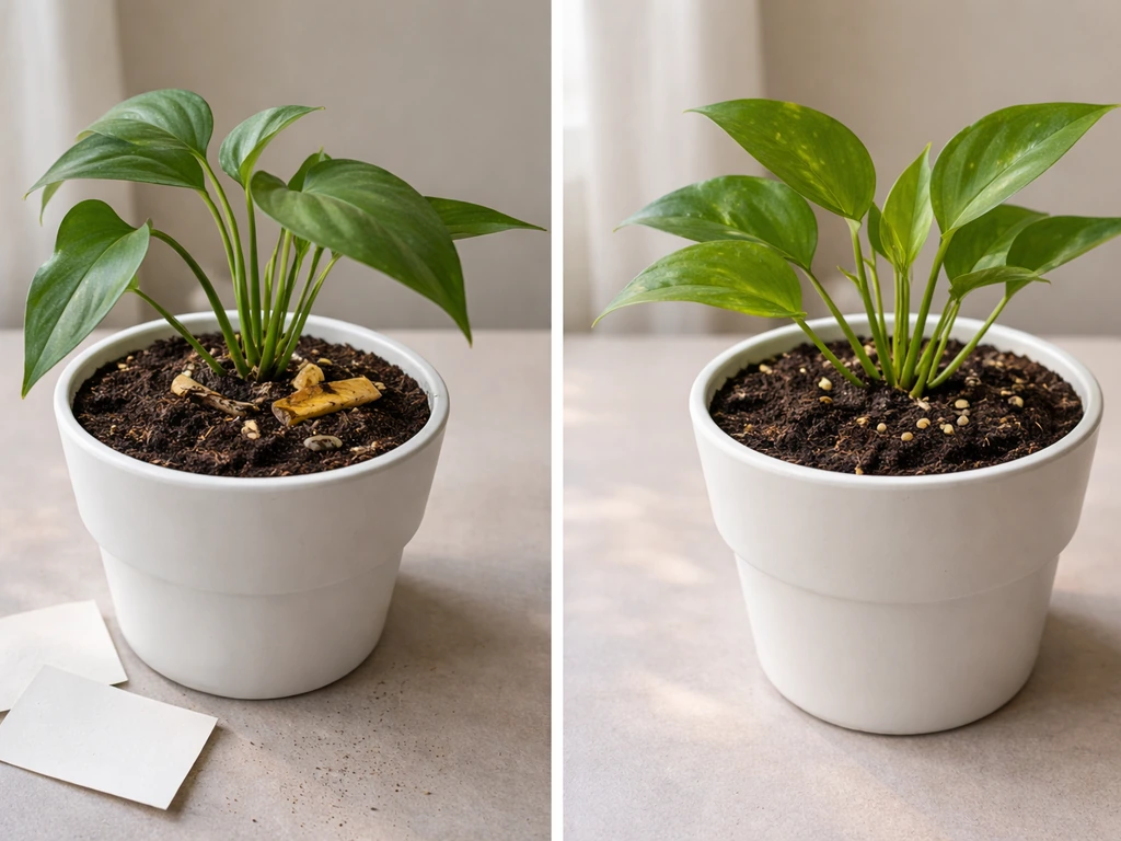 Minimal split scene: a plant with coffee grounds and banana peel labeled ineffective, beside thriving plant with compost