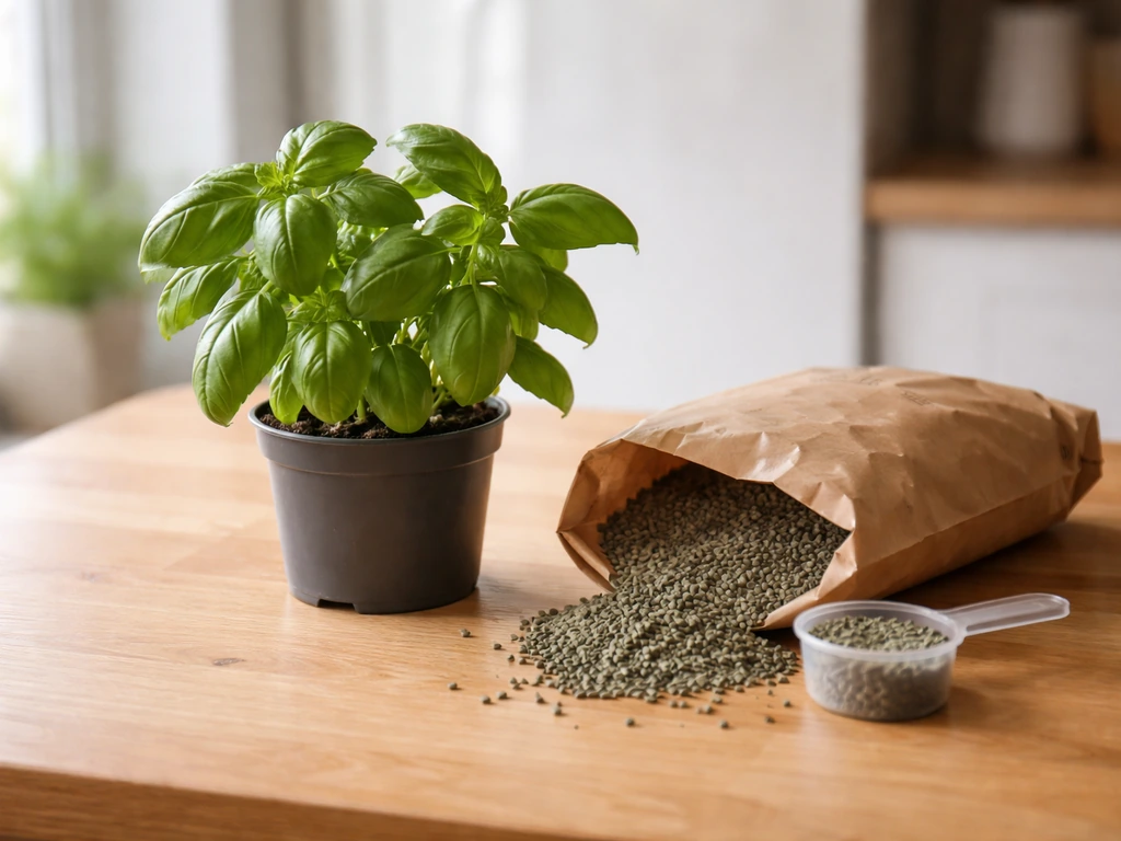Indoor herb setup with basil, a high-nitrogen fertilizer bag, and a small scoop tool on a kitchen counter.
