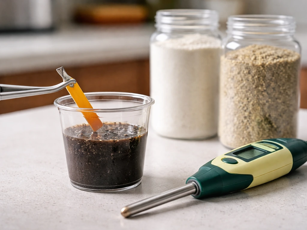 Close-up of soil pH testing with a pH strip and meter beside lime and sulfur containers.
