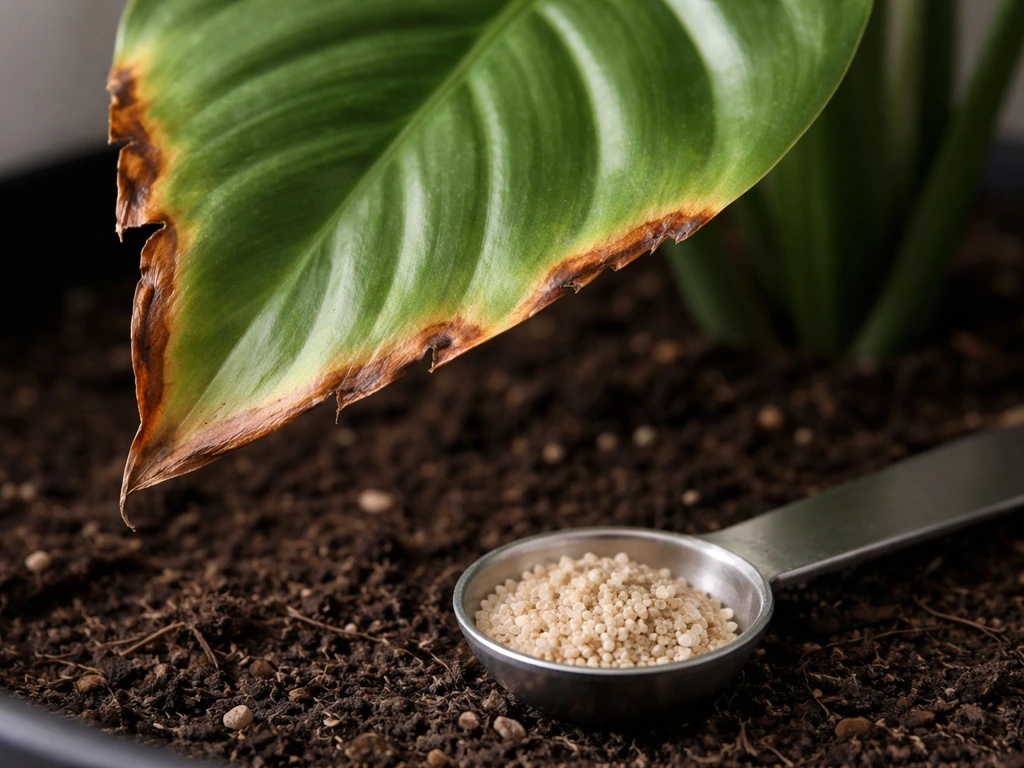Close-up of plant leaf tip burn with a small measuring spoon beside the leaf