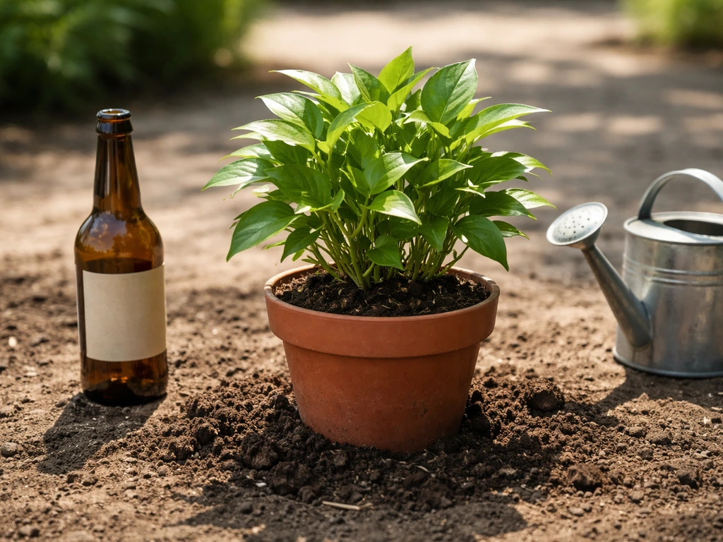 Healthy green plant thriving in sunlight beside a discarded ethanol/beer bottle and watering can, with soil visible.