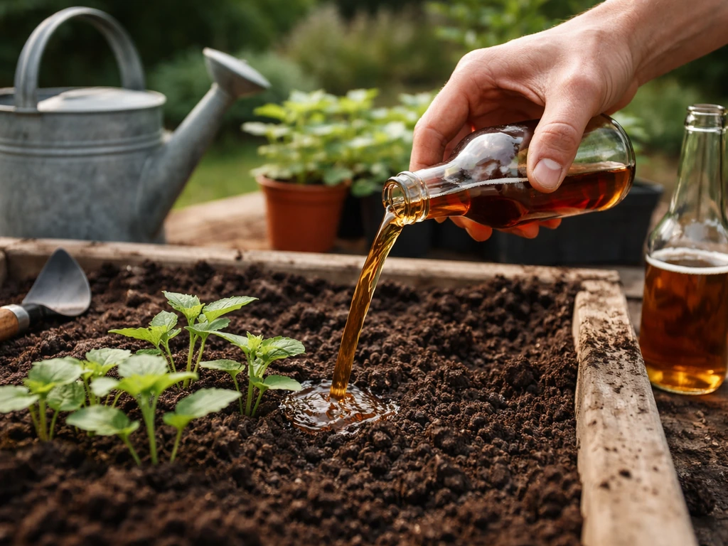 Gardening close-up with a small bottle pouring liquid onto soil beside potted plants
