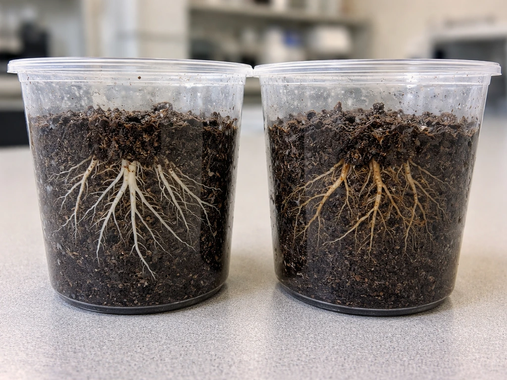 Side-by-side containers showing healthy pale roots versus browned, shriveled roots after ethanol exposure.