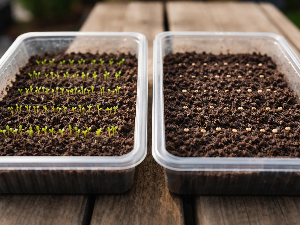 Two small seed trays showing normal germination vs ethanol-inhibited sprouting under natural light.