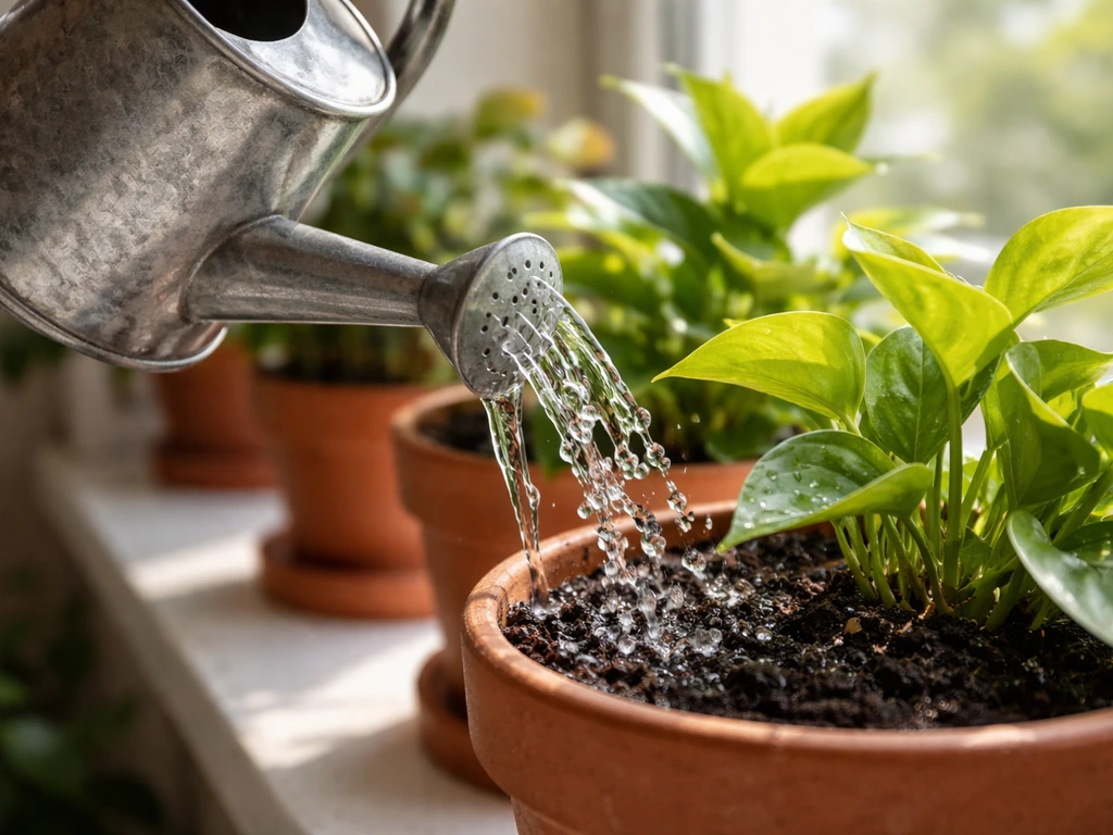 A watering can pouring water onto potted houseplants on a bright windowsill.