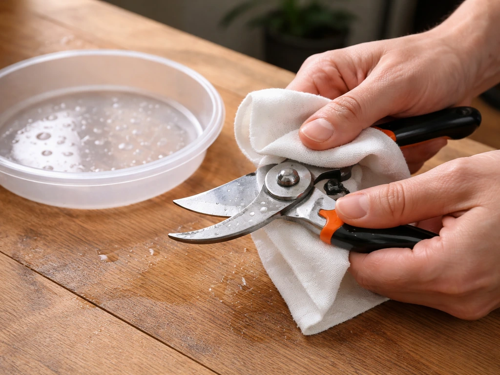 Hands wiping pruning shears and a plastic pot tray with high-proof alcohol on a wooden workbench.