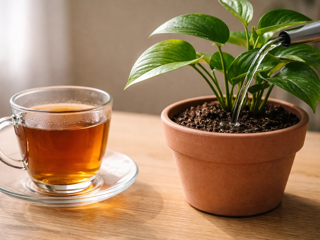 Brewed tea cup beside a potted plant being gently watered to suggest diluted tea for growth.