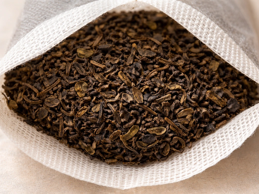 Close-up cross-section of a tea bag showing dried tea leaves inside sealed mesh