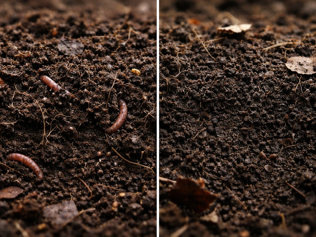 Split view of rich, lively soil with earthworms versus stressed, darker soil with less visible activity