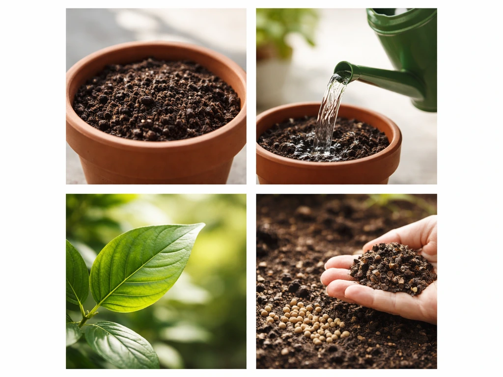 Minimal photo of four gardening elements: healthy soil in a small pot, watering can, sunlit plant leaf, and compost.