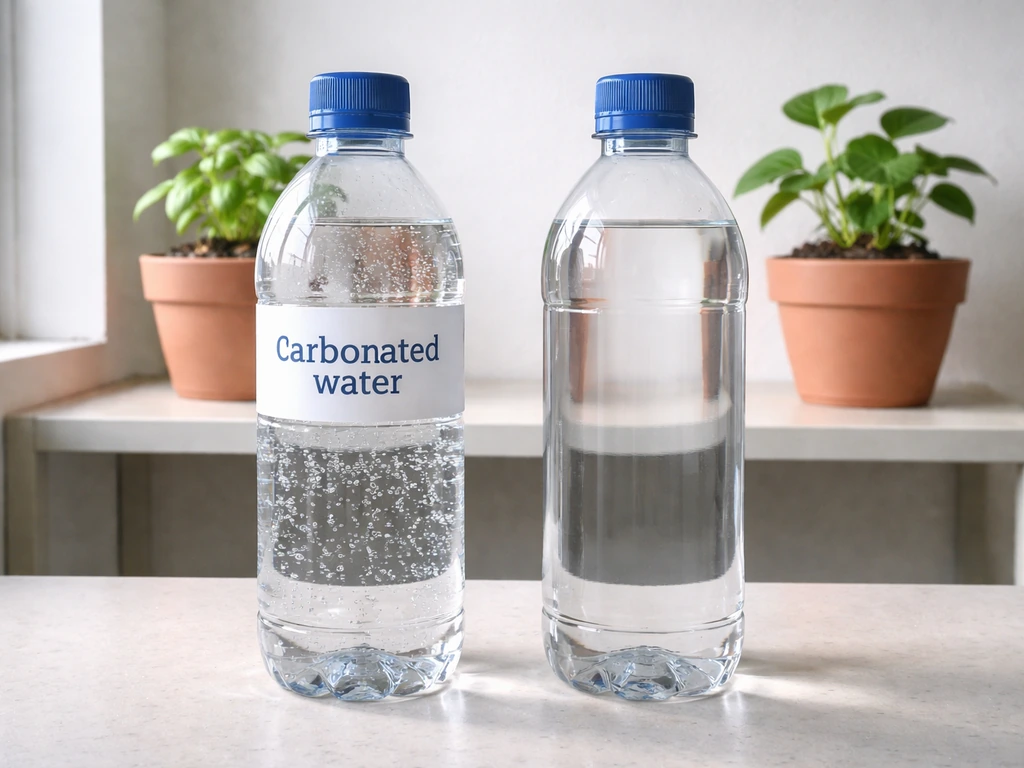 Two potted plants beside two water bottles, one carbonated and one plain, in a bright indoor grow area.