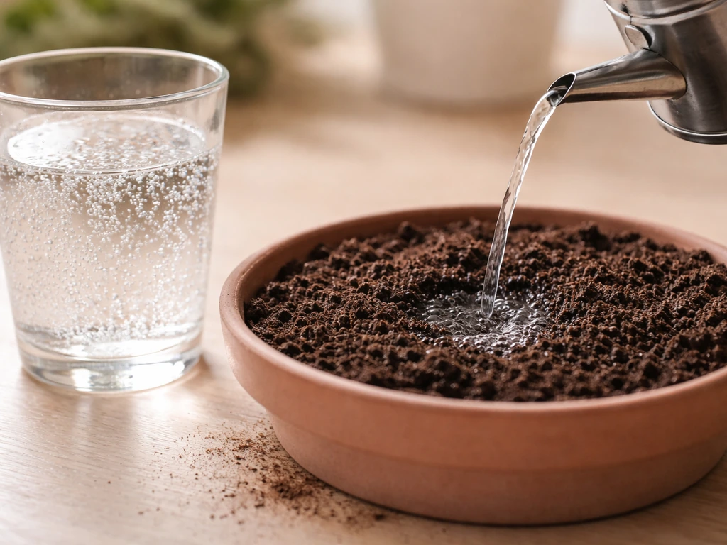 Sparkling carbonated water pouring into a small pot, creating a darker wet soil patch near roots.