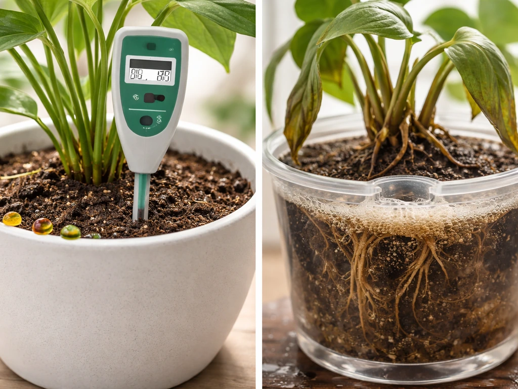 Left: pH probe in alkaline soil with healthy plant; right: wilting roots after sweet carbonated water.