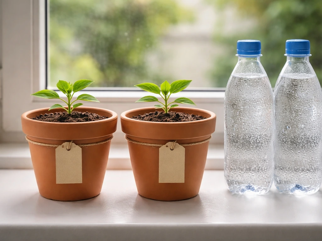 Two matched potted plants side-by-side at home, one watered with carbonated water bottles nearby.