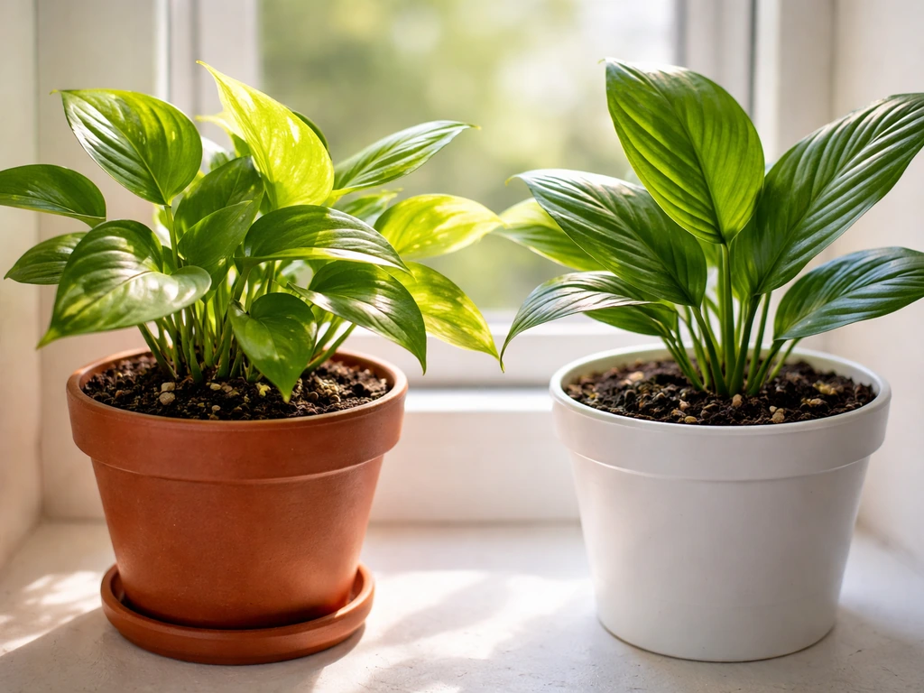 Close-up of sunlit indoor houseplants in pots by a window, showing healthy leaves and visible soil.