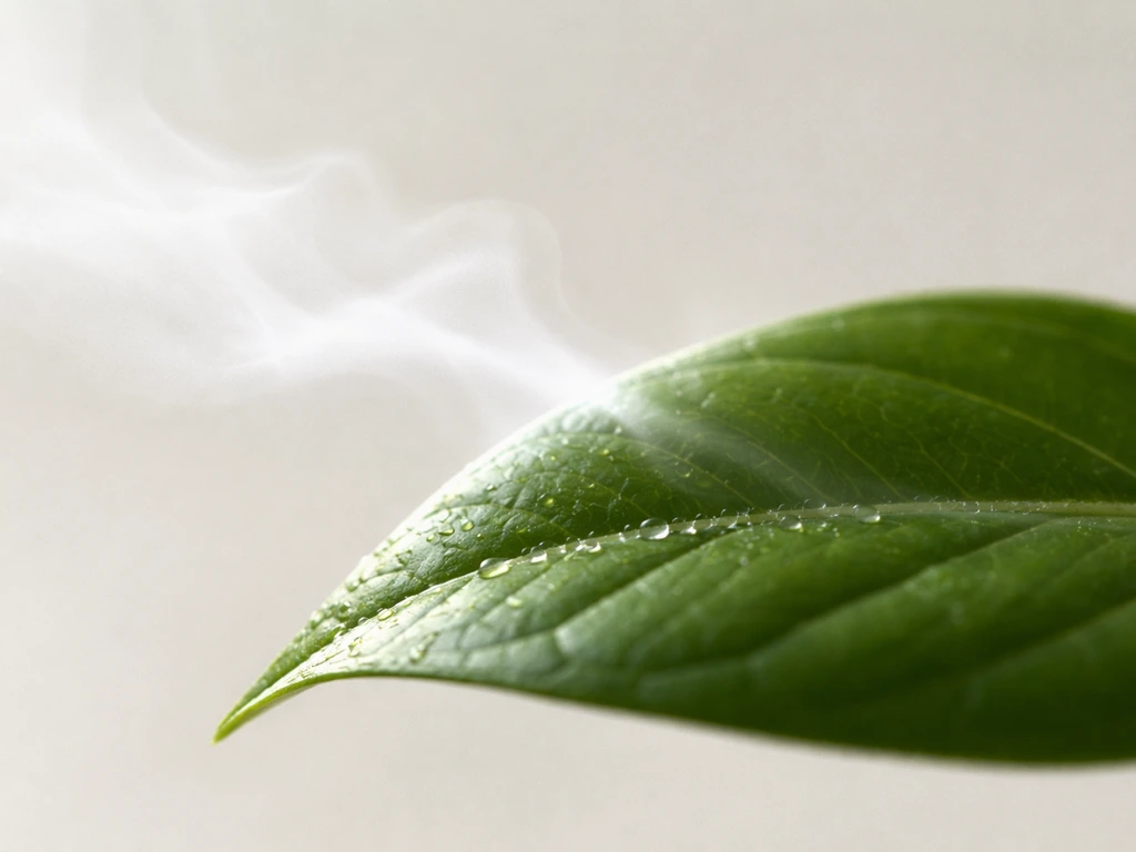 Macro view of a plant leaf with faint breath vapor and slight condensation near the leaf surface.
