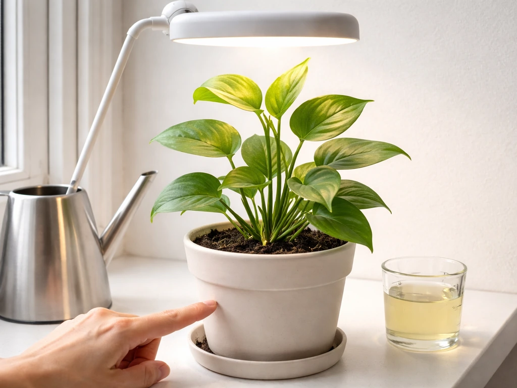 Houseplant by a light, with watering can, diluted fertilizer cup, and pale vs green leaves showing growth drivers.