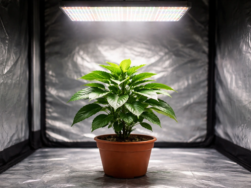Healthy potted plant under a full-spectrum LED grow light inside a clean indoor grow setup.